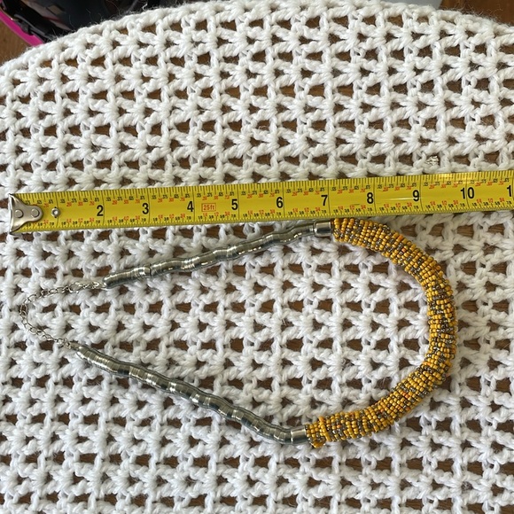 Vintage Seed Bead Statement Necklace Aztec Mustard Yellow Extender Office Silver - Picture 10 of 17